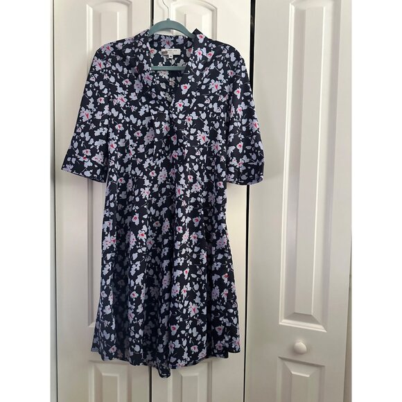 Derek Lam 10 Crosby x RTR Navy Floral Print A-Line Dress With 3/4 Sleeves & V-Ne - Picture 6 of 9
